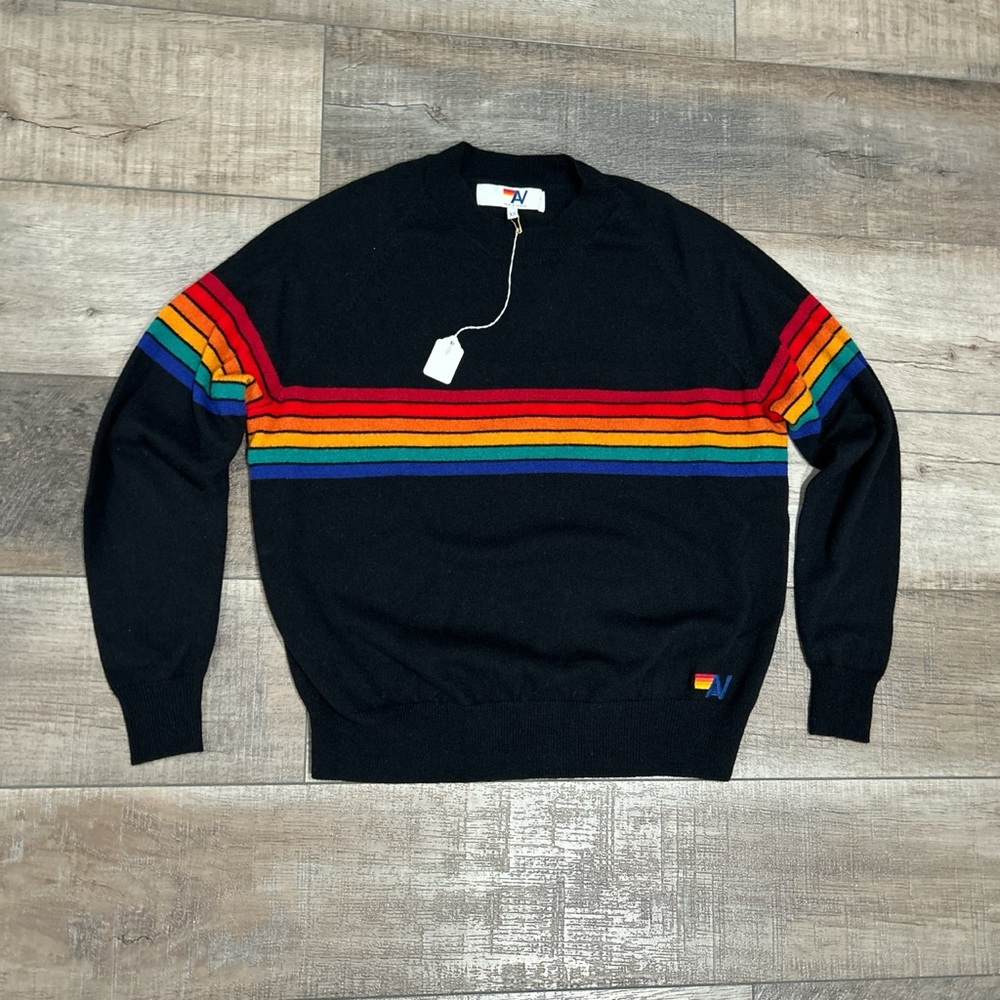 NWT Aviator Nation rainbow stripe 6 unisex light cashmere sweater - Picture 1 of 4